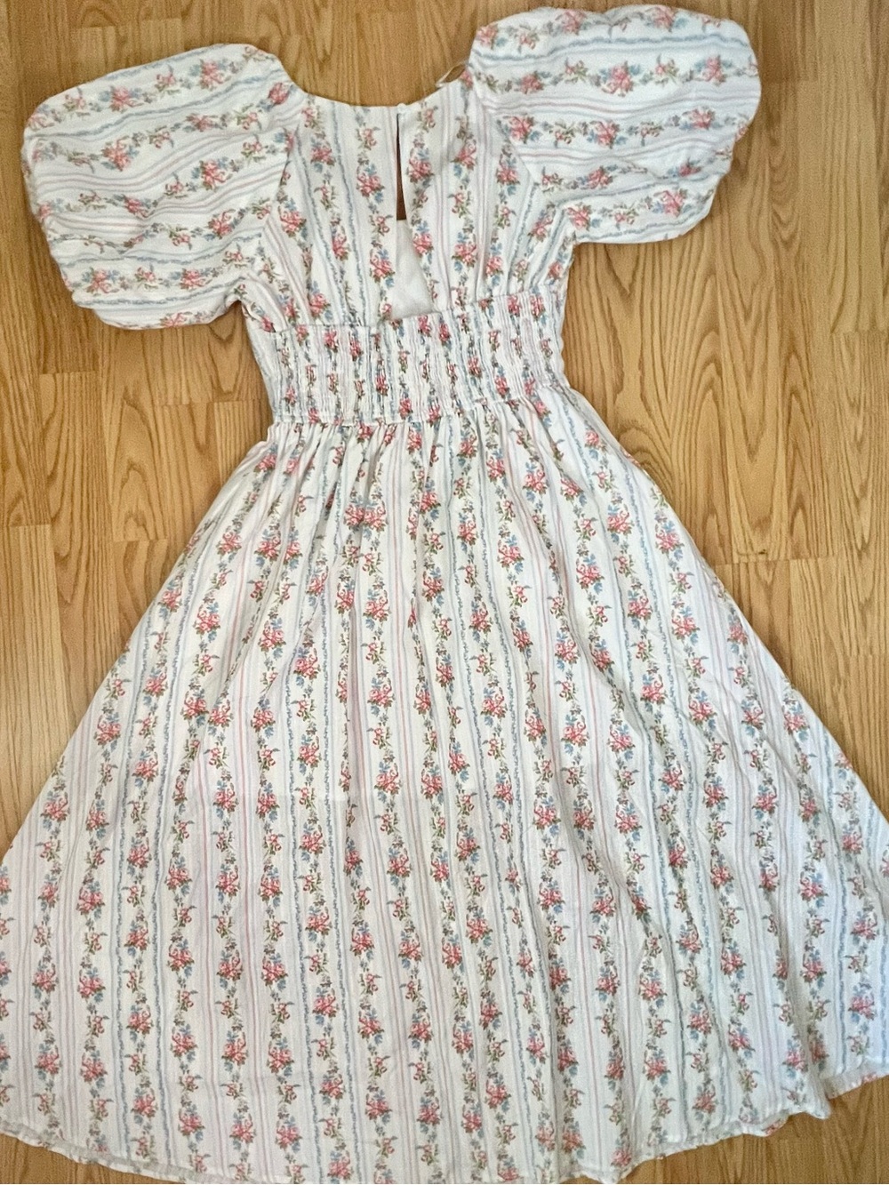Floral Puff Sleeve Maxi Dress - White with Pink & Blue Floral Print - Picture 7 of 11